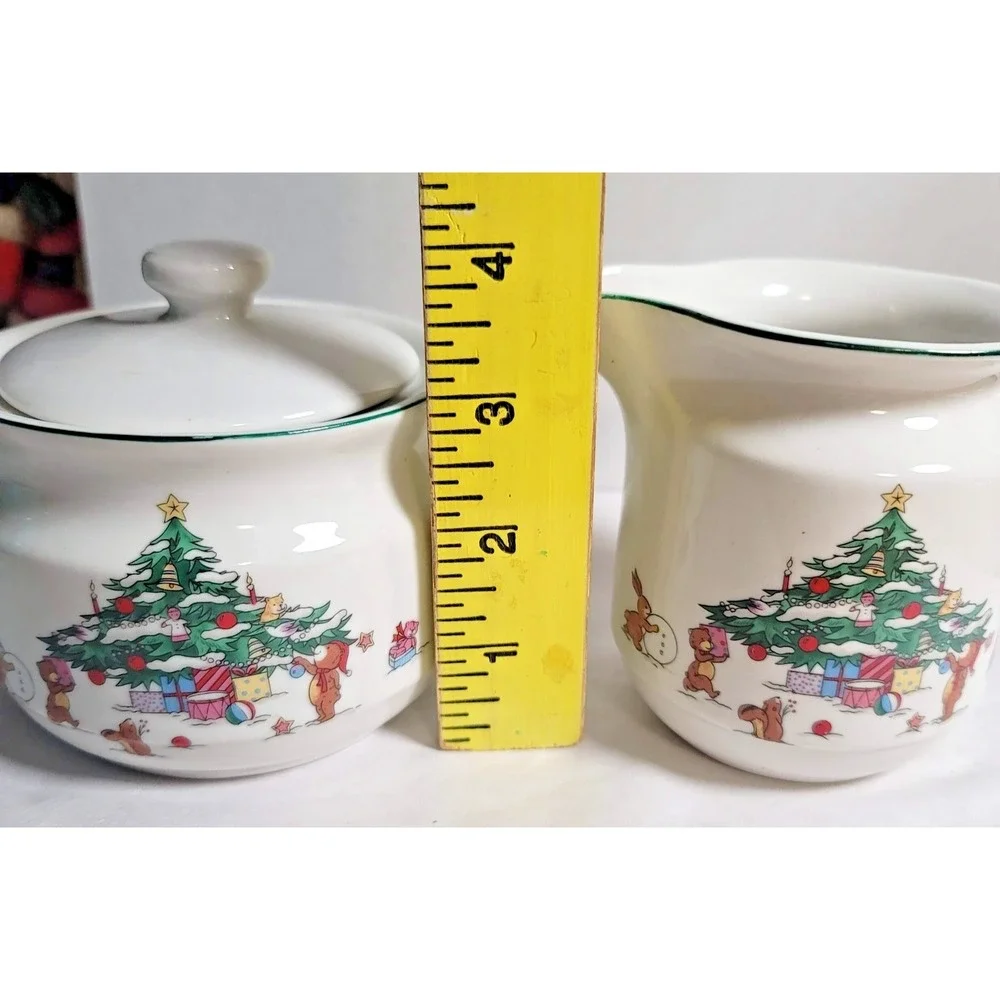 Salem China Whimsical Christmas Creamer & Sugar Set Holiday Tree Animals Ceramic